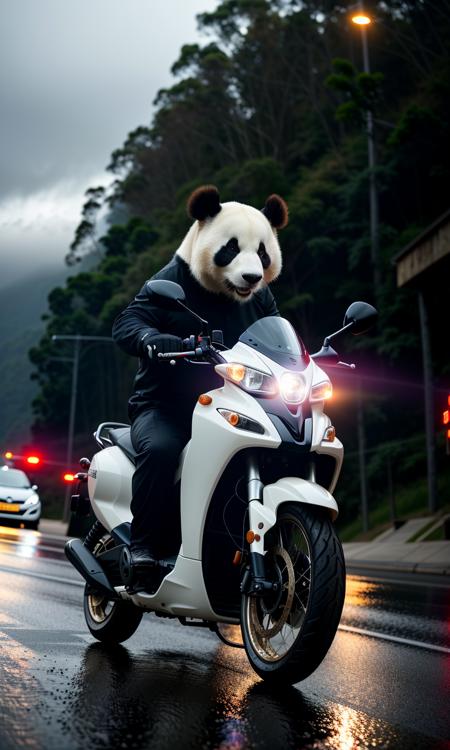 00851-3704959321-panda riding moped, speeding past other cars, photorealistic, cinematic lighting, dark atmosphere, volumetric lighting, action p.png